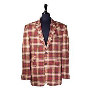 Mens Blazer Red Green Beige Plaid Check Wool Formal Suit Jacket Sport Coat 48R